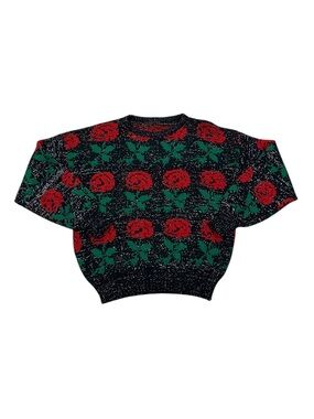 Vintage Women’s Rose Pattern Wool Sweater Black Floral Y2K